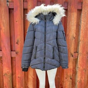 Madden Girl Gray Puffer Jacket Faux Fur Hood
